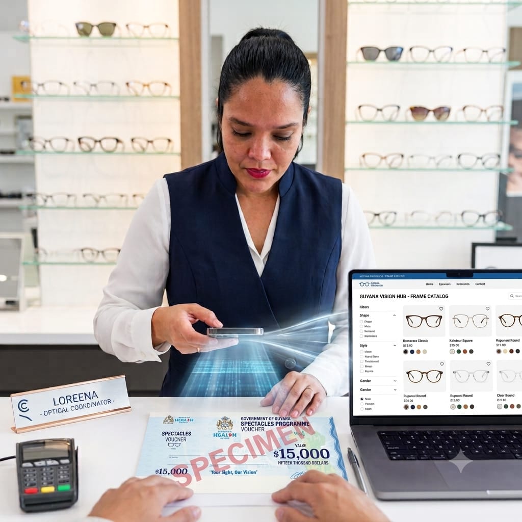 Optical shop staff member photographing a Government of Guyana Spectacles Programme voucher with a smartphone while the AI data entry clerk fills in the clinic's records on a laptop